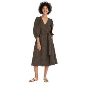 New Day Blue Green Gingham Plaid Puff Sleeve Wrap Midi Dress